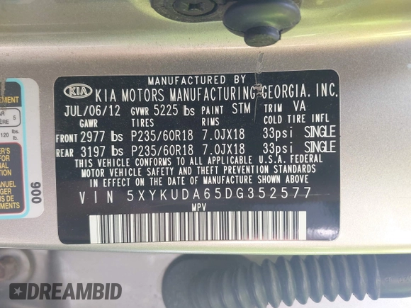 2013 Kia Sorento EX with VIN 5XYKUDA65DG352577, listed as a IAAI auction lot 42174829 with 175,500 mi miles and . Bid and sale history available at DreamBid. Image 9.