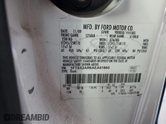 2010 Ford F-250 with VIN 1FTSX2AR6AEA91860, listed as a Copart auction lot 84495644 with 168,677 mi miles and Clean title. Bid and sale history available at DreamBid. Image 12.