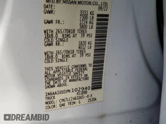 2023 Nissan Titan SV with VIN 1N6AA1ED1PN102940, listed as a Copart auction lot 85560294 with 54,240 mi miles and Clean title. Bid and sale history available at DreamBid. Image 12.