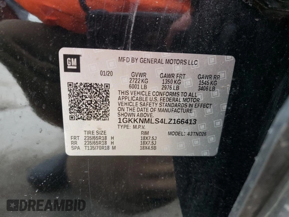 2020 GMC Acadia SLT with VIN 1GKKNMLS4LZ166413, listed as a Copart auction lot 44147565 with 50,672 mi miles and Salvage Title. Bid and sale history available at DreamBid. Image 13.