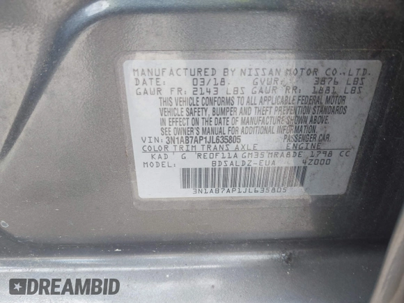 2018 Nissan Sentra SV with VIN 3N1AB7AP1JL635805, listed as a IAAI auction lot 42133147 with 140,500 mi miles. Bid and sale history available at carsss.com. Image 9.