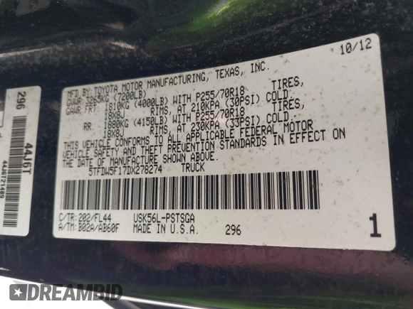 2013 Toyota Tundra 4WD Truck with VIN 5TFDW5F17DX278274, listed as a IAAI auction lot 42046767 with 194,135 mi miles. Bid and sale history available at carsss.com. Image 9.