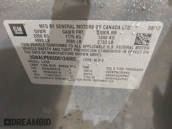 2013 Chevrolet Equinox LT with VIN 2GNALPEK6D6124082, listed as a IAAI auction lot 41993163 with 144,388 mi miles and . Bid and sale history available at DreamBid. Image 9.