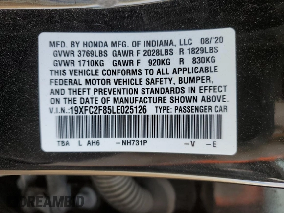 2020 Honda Civic Sedan Sport with VIN 19XFC2F85LE025126, listed as a Copart auction lot 48162865 with 32,053 mi miles and Salvage Title. Bid and sale history available at carsss.com. Image 13.