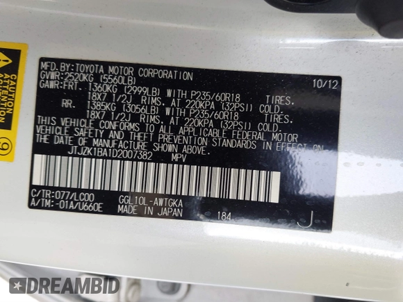2013 Lexus RX 350 with VIN JTJZK1BA1D2007382, listed as a IAAI auction lot 41338395 with 64,577 mi miles and . Bid and sale history available at DreamBid. Image 9.