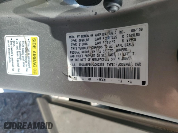 2010 Acura TL Technology z VIN 19UUA8F56AA002218, wystawiony jako Copart lot #57613605 z przebiegiem 249 453 mil mil oraz Szkoda całkowita • Salvage title. Historia ofert i sprzedaży dostępna na DreamBid. Obrazek 12.