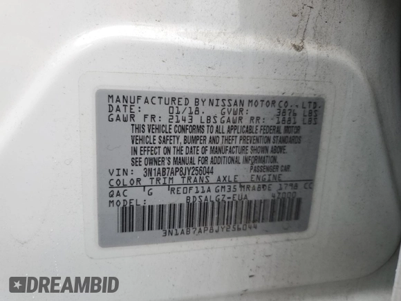 2018 Nissan Sentra S with VIN 3N1AB7AP8JY256044, listed as a Copart auction lot 55600075 with 58,963 mi miles and Salvage Title. Bid and sale history available at DreamBid. Image 12.
