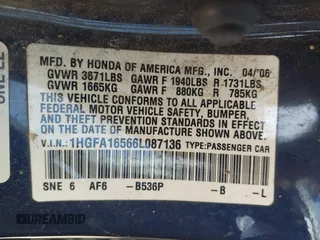 2006 Honda Civic LX with VIN 1HGFA16566L087136, listed as a IAAI auction lot 41849844 with 157,822 mi miles and . Bid and sale history available at DreamBid. Image 9.