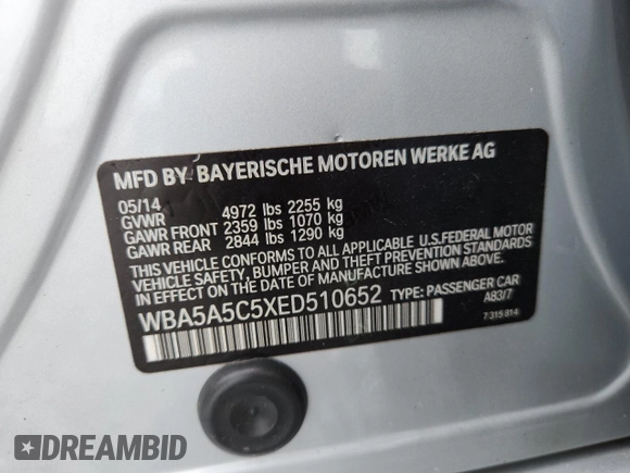 2014 BMW 5 Series 528i z VIN WBA5A5C5XED510652, wystawiony jako Copart lot #59841625 z przebiegiem 69 260 mil mil oraz Nie do naprawy • Non repairable. Historia ofert i sprzedaży dostępna na DreamBid. Obrazek 12.