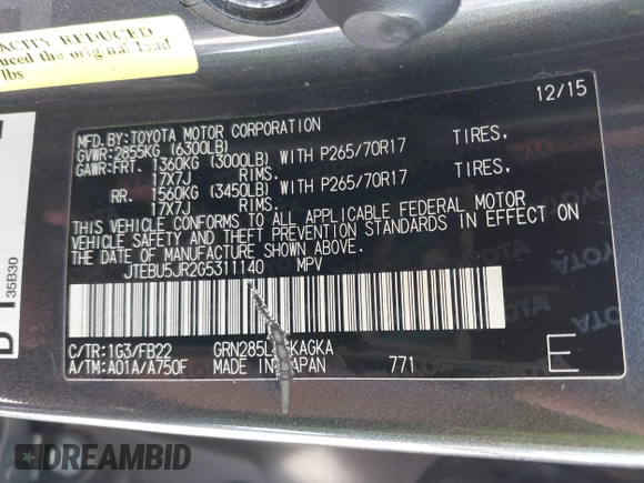 2016 Toyota 4Runner Limited with VIN JTEBU5JR2G5311140, listed as a IAAI auction lot 41973090 with 97,465 mi miles and . Bid and sale history available at DreamBid. Image 9.