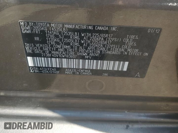 2012 Toyota RAV4 with VIN 2T3BF4DV1CW183607, listed as a Copart auction lot 65178705 with 165,118 mi miles and Salvage title. Bid and sale history available at DreamBid. Image 13.
