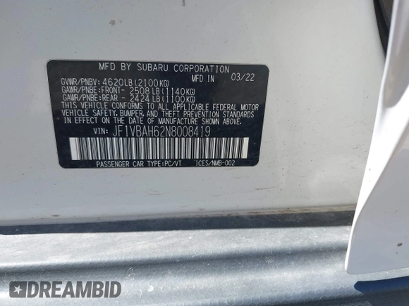 2022 Subaru WRX Premium with VIN JF1VBAH62N8008419, listed as a IAAI auction lot 42048545 with 53,193 mi miles and . Bid and sale history available at DreamBid. Image 9.