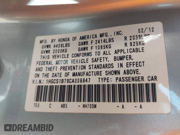 2012 Honda Accord EX with VIN 1HGCS1B79CA008847, listed as a IAAI auction lot 42053861 with 148,749 mi miles and . Bid and sale history available at DreamBid. Image 9.