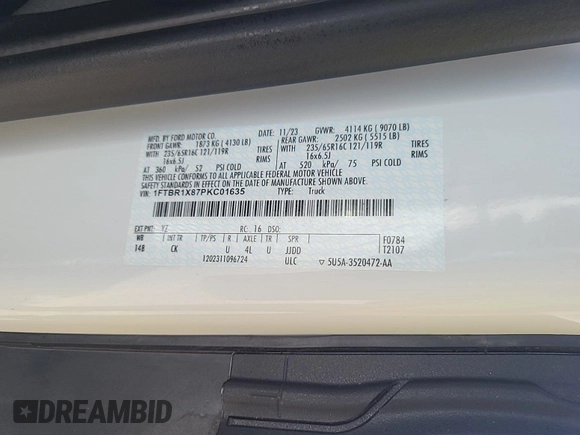 2023 Ford Transit Cargo with VIN 1FTBR1X87PKC01635, listed as a IAAI auction lot 42832727 with 17,348 mi miles and . Bid and sale history available at DreamBid. Image 46.