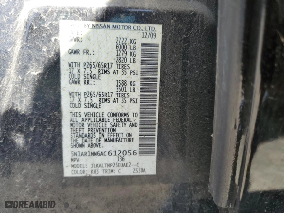 2010 Nissan Pathfinder SE with VIN 5N1AR1NN6AC612056, listed as a Copart auction lot 51922395 with 162,030 mi miles and Salvage Title. Bid and sale history available at carsss.com. Image 15.