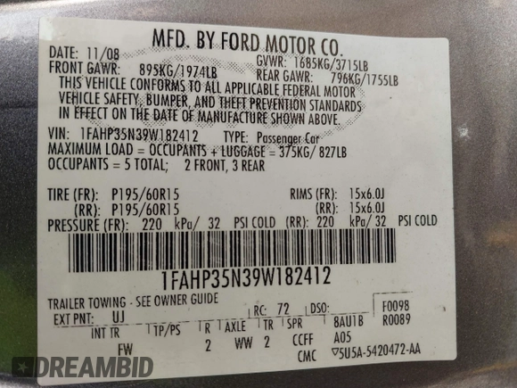 2009 Ford Focus SE with VIN 1FAHP35N39W182412, listed as a IAAI auction lot 41939563 with 1 mi miles. Bid and sale history available at carsss.com. Image 9.