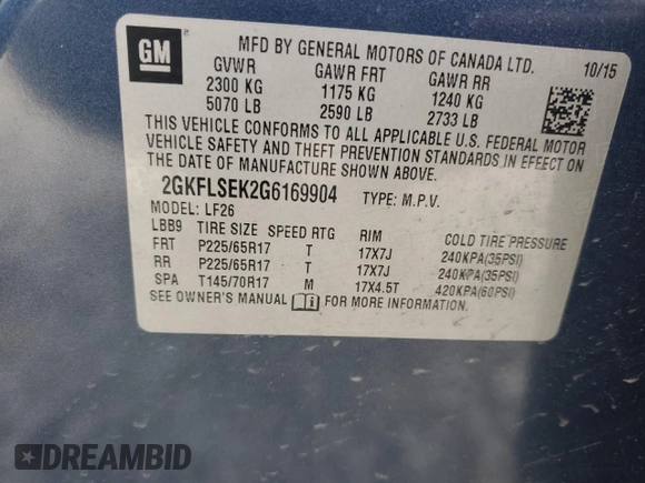 2016 GMC Terrain SLE with VIN 2GKFLSEK2G6169904, listed as a Copart auction lot 44773945 with 102,682 mi miles and Salvage Title. Bid and sale history available at DreamBid. Image 15.