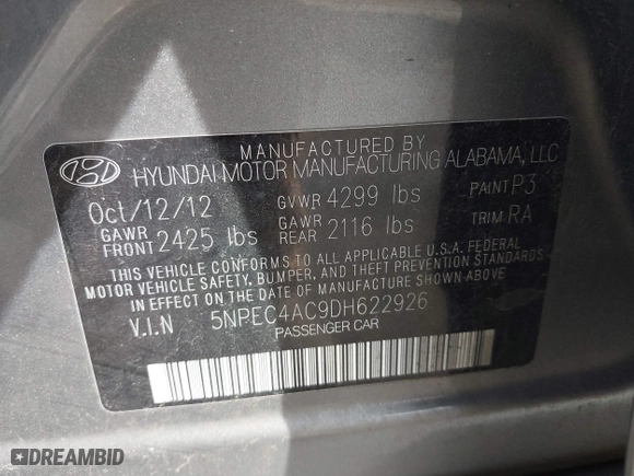 2013 Hyundai Sonata SE with VIN 5NPEC4AC9DH622926, listed as a IAAI auction lot 41950404 with 81,997 mi miles. Bid and sale history available at carsss.com. Image 9.
