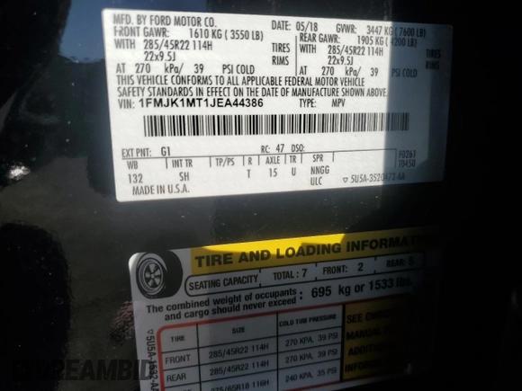 2018 Ford Expedition Max Platinum with VIN 1FMJK1MT1JEA44386, listed as a Copart auction lot 75011294 with 77,778 mi miles and Salvage title. Bid and sale history available at DreamBid. Image 14.
