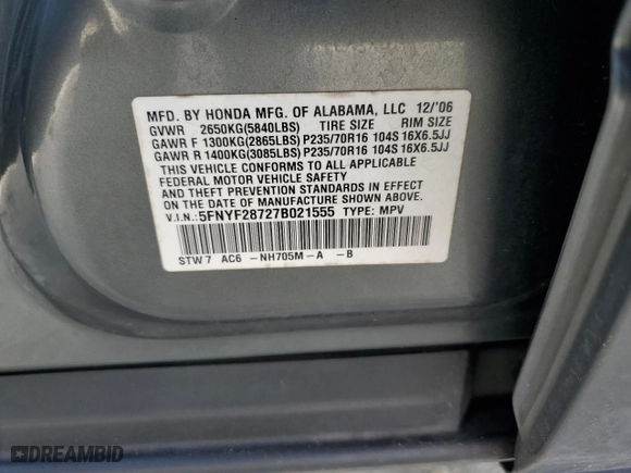 2007 Honda Pilot EX-L with VIN 5FNYF28727B021555, listed as a Copart auction lot 42654765 with 327,786 mi miles and Salvage Title. Bid and sale history available at carsss.com. Image 13.