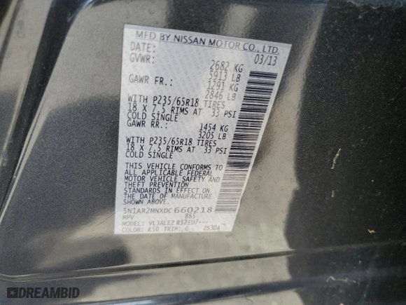 2013 Nissan Pathfinder S with VIN 5N1AR2MNXDC660218, listed as a Copart auction lot 60780014 with 120,667 mi miles and Clean Title. Bid and sale history available at carsss.com. Image 12.