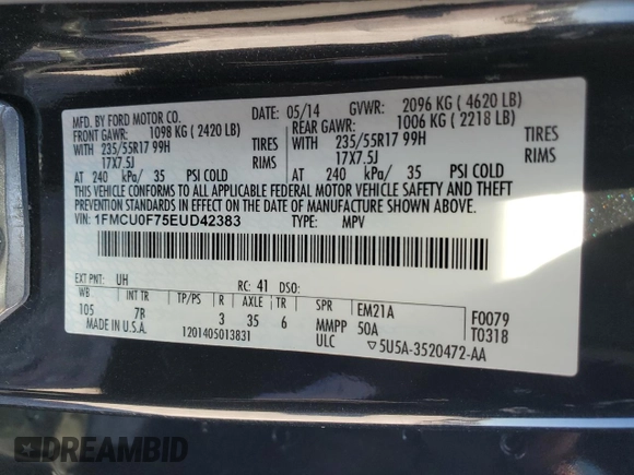 2014 Ford Escape S with VIN 1FMCU0F75EUD42383, listed as a Copart auction lot 75676154 with 72,219 mi miles and Salvage Title. Bid and sale history available at carsss.com. Image 12.
