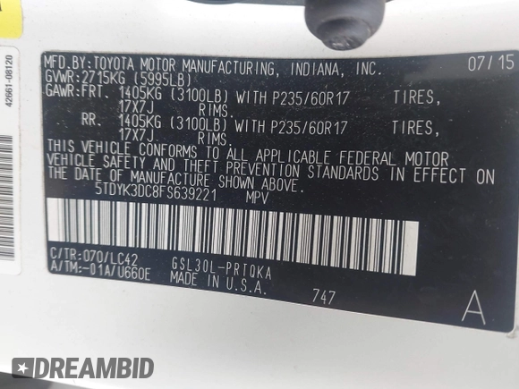 2015 Toyota Sienna XLE with VIN 5TDYK3DC8FS639221, listed as a IAAI auction lot 41891188 with 195,610 mi miles. Bid and sale history available at carsss.com. Image 9.