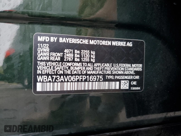 2023 BMW 4 Series 430i xDrive with VIN WBA73AV06PFP16975, listed as a Copart auction lot 73360304 with Not provided miles and Salvage title. Bid and sale history available at DreamBid. Image 12.