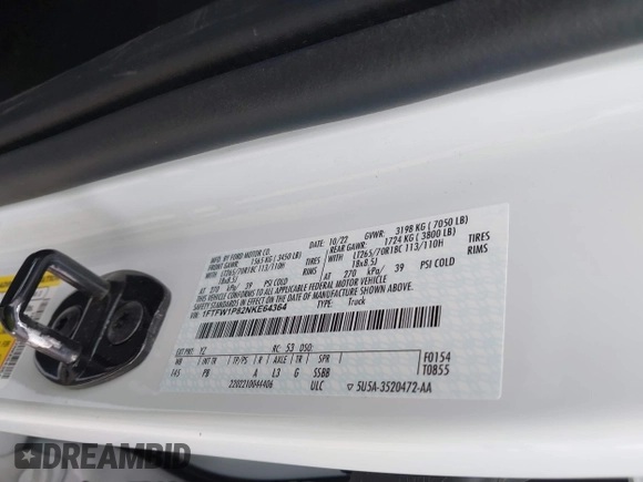 2022 Ford F-150 with VIN 1FTFW1P82NKE64364, listed as a IAAI auction lot 42280746 with 66,795 mi miles and . Bid and sale history available at DreamBid. Image 9.