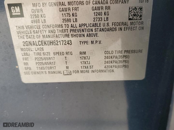 2017 Chevrolet Equinox LT with VIN 2GNALCEK0H6217243, listed as a Copart auction lot 47448685 with 0 mi miles and Salvage Title. Bid and sale history available at carsss.com. Image 14.
