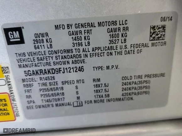 2015 Buick Enclave Convenience with VIN 5GAKRAKD9FJ121246, listed as a Copart auction lot 49628175 with 111,804 mi miles and Salvage Title. Bid and sale history available at carsss.com. Image 15.