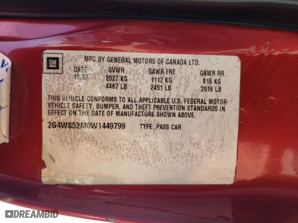 1998 Buick Century Custom with VIN 2G4WS52M0W1449799, listed as a Copart auction lot 47624655 with 0 mi miles and Salvage Title. Bid and sale history available at carsss.com. Image 12.