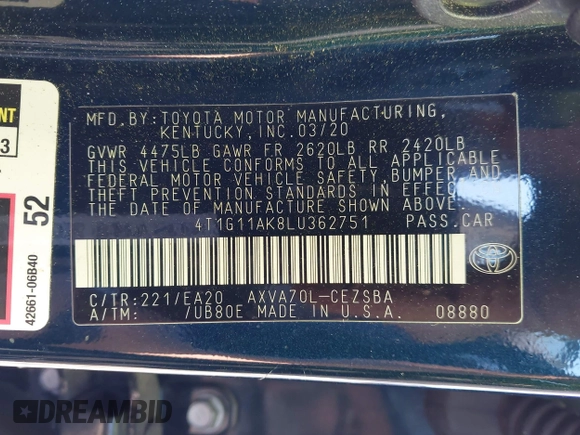 2020 Toyota Camry SE z VIN 4T1G11AK8LU362751, wystawiony jako IAAI lot #42322858 z przebiegiem 105 175 mil mil oraz . Historia ofert i sprzedaży dostępna na DreamBid. Obrazek 9.