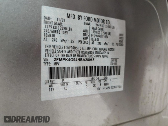 2022 Ford Edge SE z VIN 2FMPK4G94NBA28065, wystawiony jako Copart lot #88451175 z przebiegiem 25 618 mil mil oraz Szkoda całkowita • Salvage title. Historia ofert i sprzedaży dostępna na DreamBid. Obrazek 14.