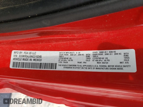 2022 Ram 2500 Tradesman with VIN 3C6MR5AJ6NG315245, listed as a Copart auction lot 63997974 with 15,444 mi miles and Salvage Title. Bid and sale history available at carsss.com. Image 13.
