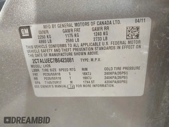 2011 GMC Terrain SLT-1 with VIN 2CTALUEC7B6423081, listed as a IAAI auction lot 42064763 with 217,051 mi miles and . Bid and sale history available at carsss.com. Image 9.