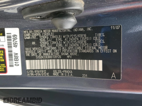 2008 Toyota Sienna with VIN 5TDZK23C88S139126, listed as a Copart auction lot 50837625 with 203,272 mi miles and Salvage Title. Bid and sale history available at DreamBid. Image 14.