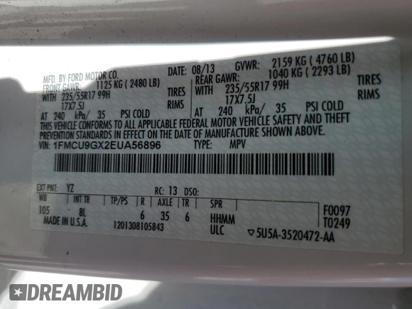 2014 Ford Escape SE with VIN 1FMCU9GX2EUA56896, listed as a Copart auction lot 54214785 with 0 mi miles and Clean Title. Bid and sale history available at carsss.com. Image 13.