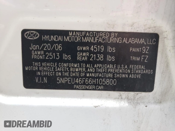 2006 Hyundai Sonata GLS with VIN 5NPEU46F66H105800, listed as a Copart auction lot 42696035 with 211,830 mi miles and Salvage Title. Bid and sale history available at DreamBid. Image 13.
