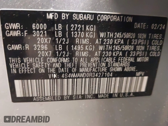 2024 Subaru Ascent Touring z VIN 4S4WMAWD0R3427104, wystawiony jako IAAI lot #42256127 z przebiegiem 1 461 mil mil oraz . Historia ofert i sprzedaży dostępna na DreamBid. Obrazek 9.