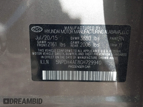 2016 Hyundai Elantra SE with VIN 5NPDH4AE8GH729940, listed as a IAAI auction lot 42205329 with 54,495 mi miles and . Bid and sale history available at DreamBid. Image 9.