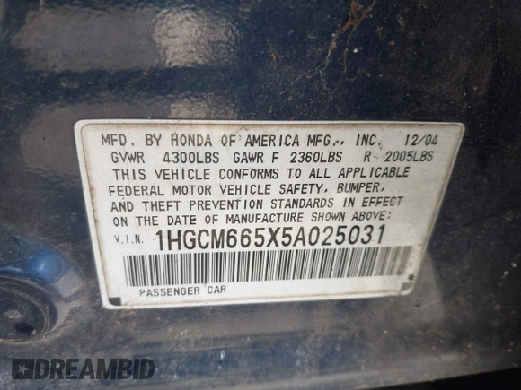 2005 Honda Accord EX-L z VIN 1HGCM665X5A025031, wystawiony jako IAAI lot #42149698 z przebiegiem 216 917 mil mil oraz . Historia ofert i sprzedaży dostępna na DreamBid. Obrazek 9.