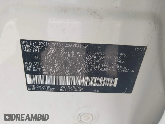 2013 Toyota RAV4 LE with VIN JTMBFREV4D5017389, listed as a IAAI auction lot 42648901 with 107,120 mi miles and . Bid and sale history available at DreamBid. Image 9.