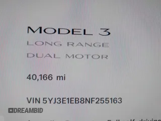 2022 Tesla Model 3 Long Range with VIN 5YJ3E1EB8NF255163, listed as a IAAI auction lot 42105451 with 40,166 mi miles and . Bid and sale history available at DreamBid. Image 15.