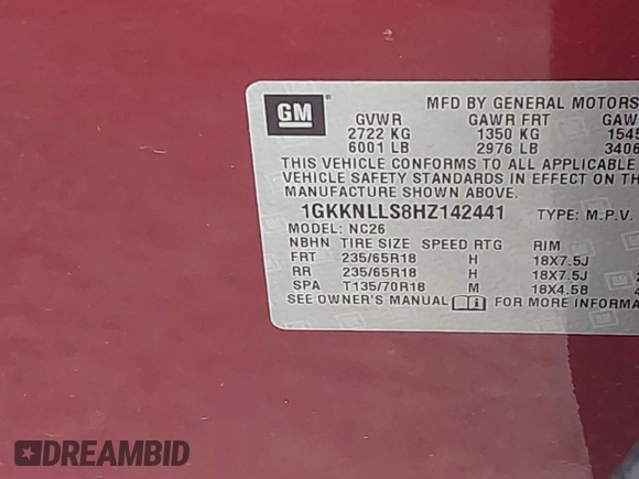 2017 GMC Acadia SLE with VIN 1GKKNLLS8HZ142441, listed as a IAAI auction lot 41501035 with 69,681 mi miles. Bid and sale history available at carsss.com. Image 9.