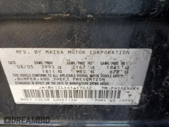 2006 Mazda 3 S Grand Touring with VIN JM1BK344X61417632, listed as a Copart auction lot 84854884 with 187,242 mi miles and Salvage Title. Bid and sale history available at DreamBid. Image 12.