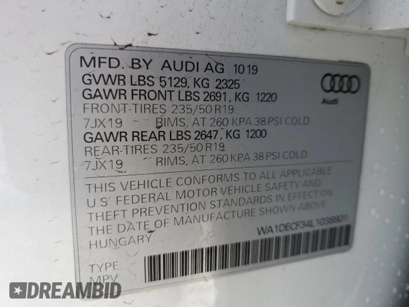 2020 Audi Q3 S line Premium with VIN WA1DECF34L1038801, listed as a Copart auction lot 69990392 with 33,152 mi miles. Bid and sale history available at carsss.com. Image 14.
