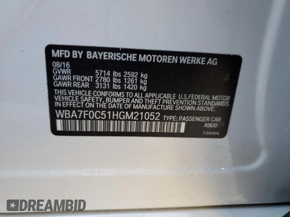 2017 BMW 7 Series 750i with VIN WBA7F0C51HGM21052, listed as a Copart auction lot 46299535 with 85,765 mi miles and Clean title. Bid and sale history available at DreamBid. Image 12.