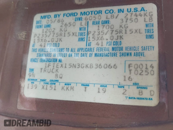 1986 Ford F-150 with VIN 1FTEX15N3GKB36066, listed as a IAAI auction lot 41217069 with 1 mi miles. Bid and sale history available at carsss.com. Image 8.