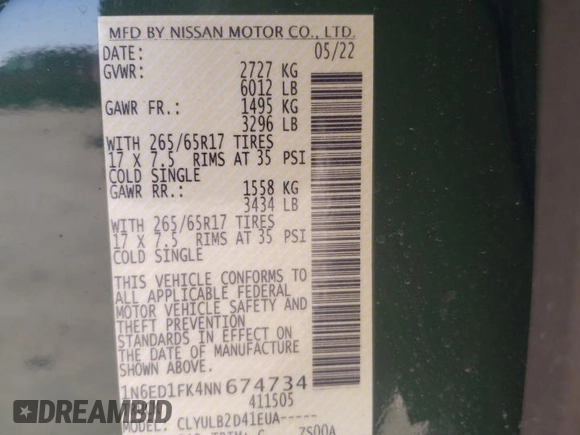 2022 Nissan Frontier SV with VIN 1N6ED1FK4NN674734, listed as a Copart auction lot 73233834 with 19,829 mi miles and Salvage Title. Bid and sale history available at carsss.com. Image 15.
